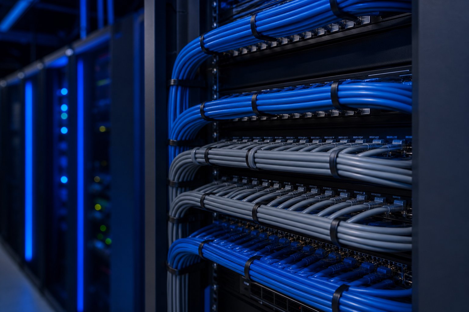 Neatly organised structured cabling in a server room rack